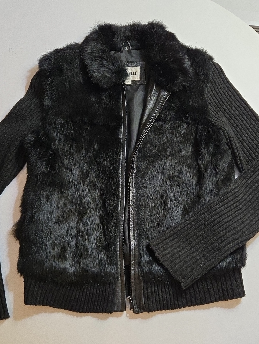Vintage Y2K Black Rabbit Fur Zip-Front Women's Jacket